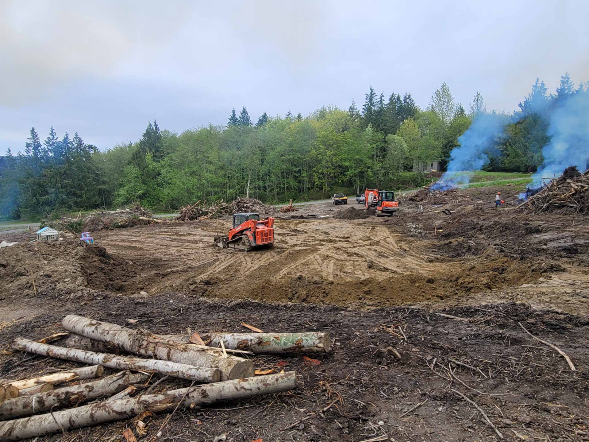 Clear dirt lot with several controlled fires burning felled trees