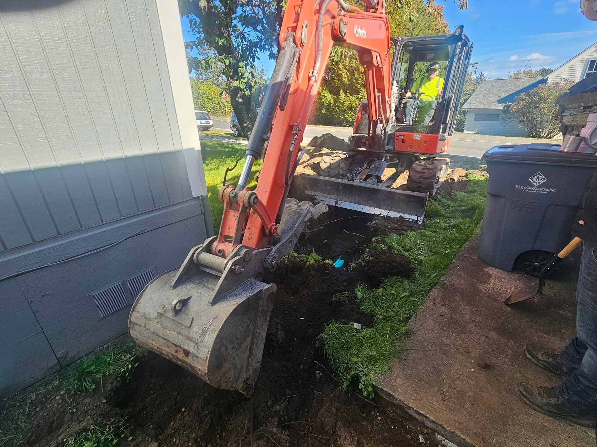 Digging trench with excavator